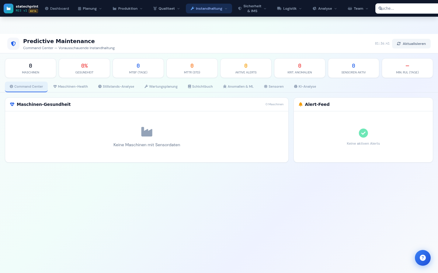 Predictive Maintenance Command-Center mit Maschinen-Gesundheit, Alert-Feed, Anomalie-Erkennung
